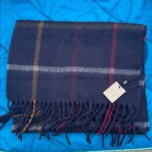 J Crew By Moon England Merino Wool Blue Plaid Knit Scarf Fringe